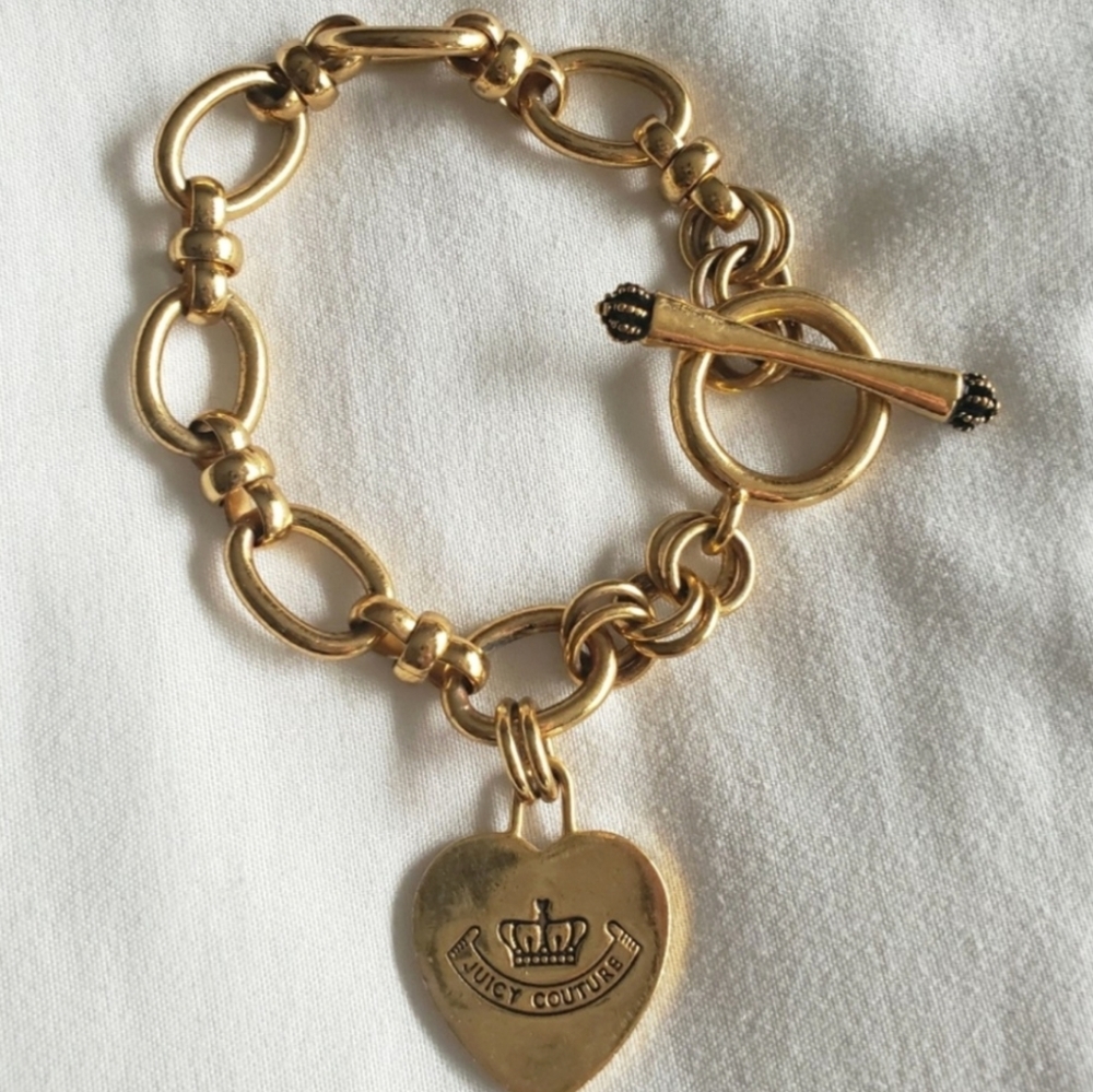 Rare Vintage JUICY COUTURE ROYAL COUTURE Y2K Gold Plated Heart Charm Bracelet - Picture 4 of 5